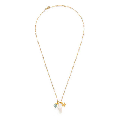 Necklace with star, shell, and gemstone pendants on a white background