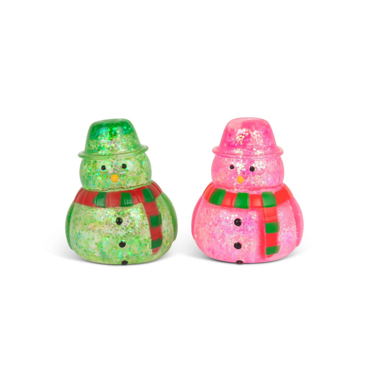 Two glittery snowman figurines side by side, one in green and one in pink, both with red and green striped scarves and black button details, on a white background.