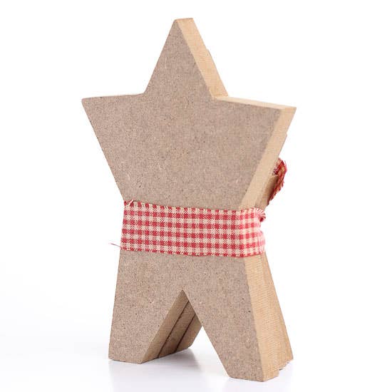 Star-shaped wooden block with a red and white checkered band on a white background
