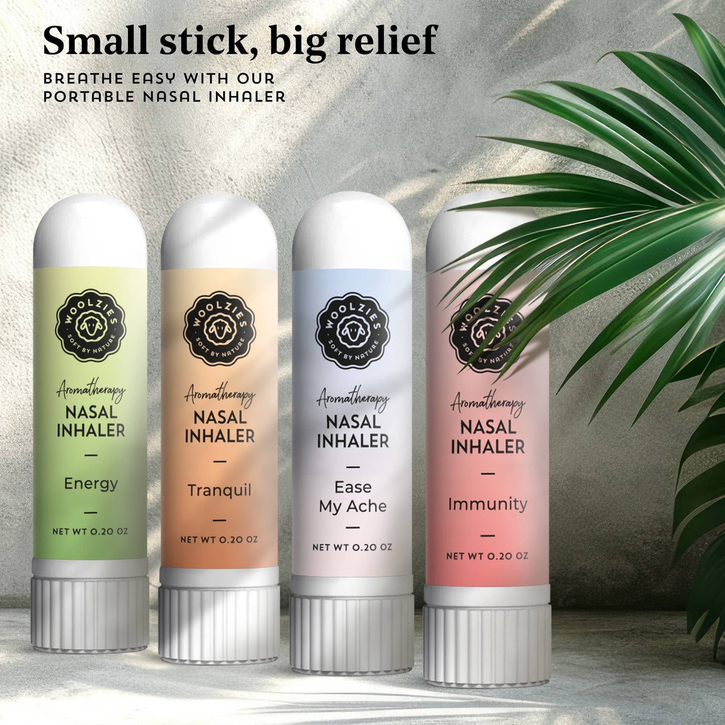 Four nasal inhaler sticks with different colored labels and text on a neutral background.
