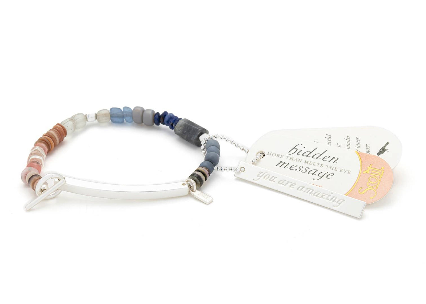 Beaded bracelet with a message tag on a white background