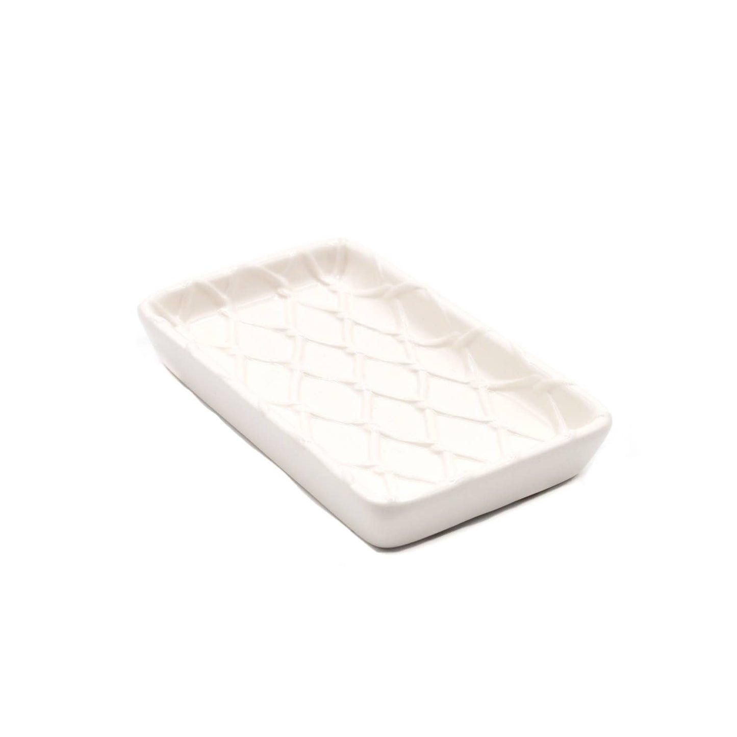Rectangular white ceramic soap dish.