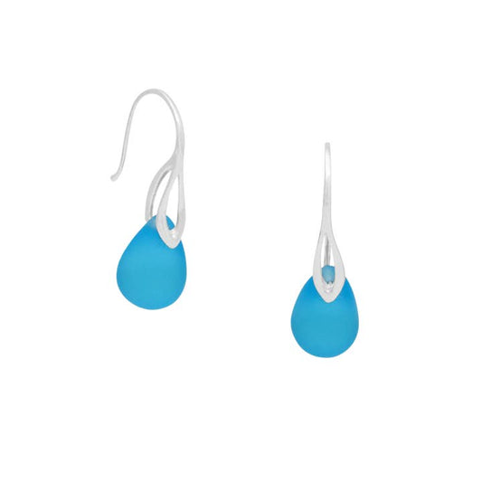 Pair of blue teardrop earrings with silver hooks on a white background