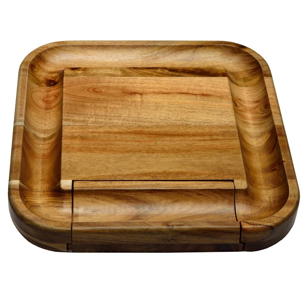 Wooden cheese board with cracker rim on a white background. All images associated with this listing show the same piece from various angles and with different styling props.