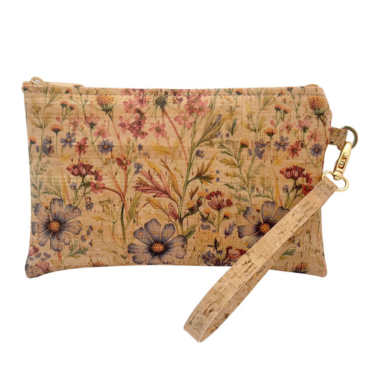 Floral-patterned cork pouch with a matching strap on a white background