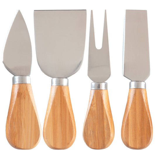 Set of four cheese knives with wooden handles on a white background