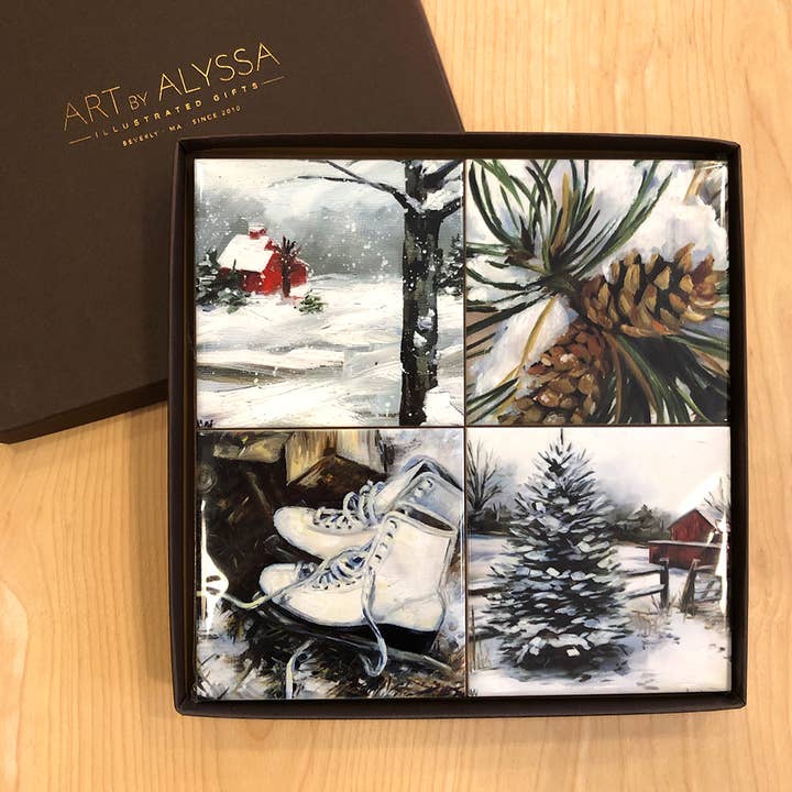Set of four winter-themed coasters in a box with 'Art by Alyssa' branding.