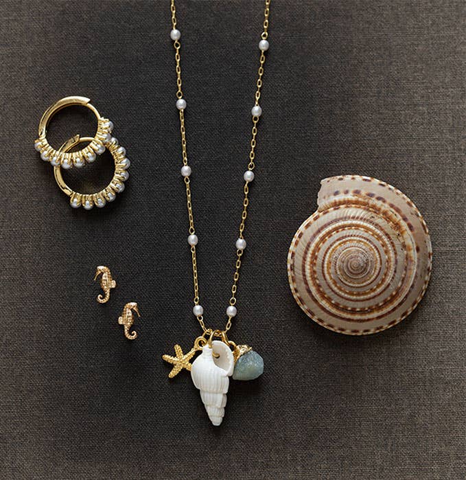 Jewelry set with necklace, earrings, and shell on a dark surface