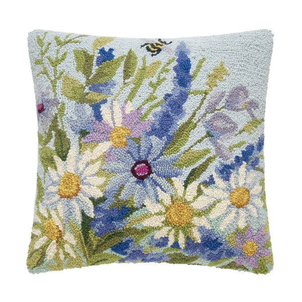Blue Wildflowers Hooked Pillow - Susan Winget