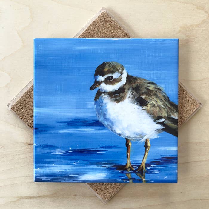 Coaster with a bird design on a blue background, placed on a wooden surface.