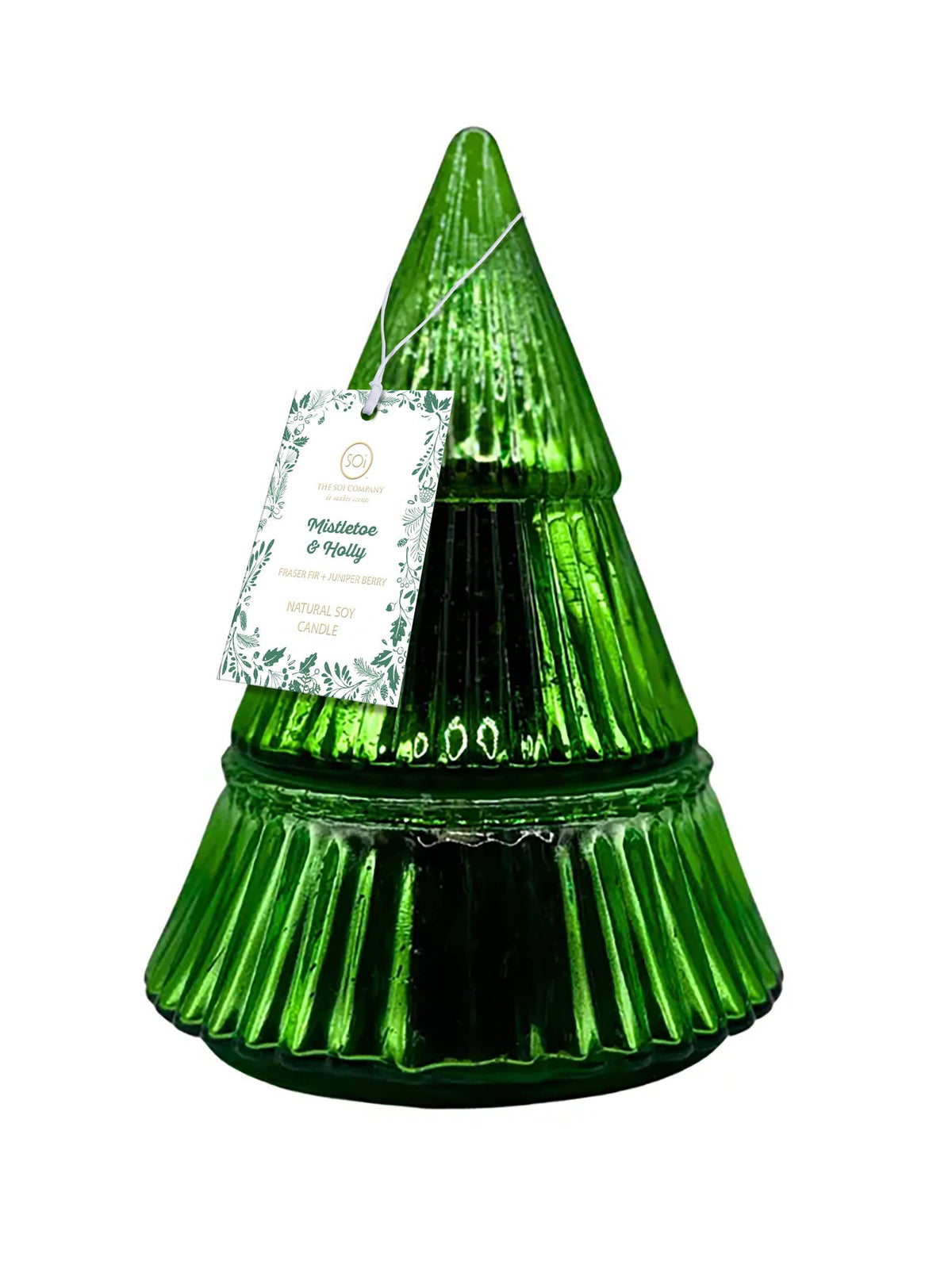 Green glass Christmas tree-shaped candle with a label on a white background