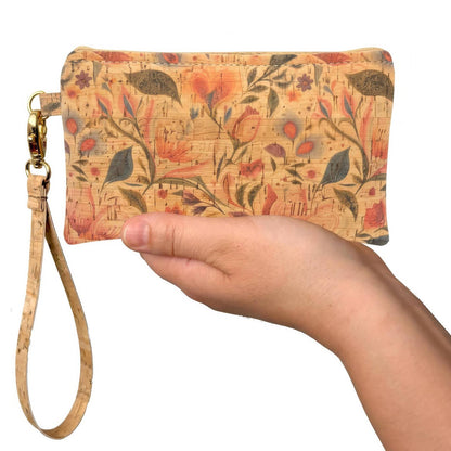Hand holding a floral-patterned cork wristlet with a gold strap on a white background