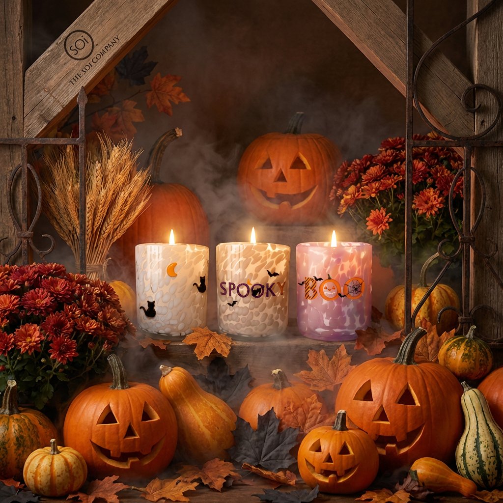 Halloween-themed candles with pumpkins and flowers in a rustic setting