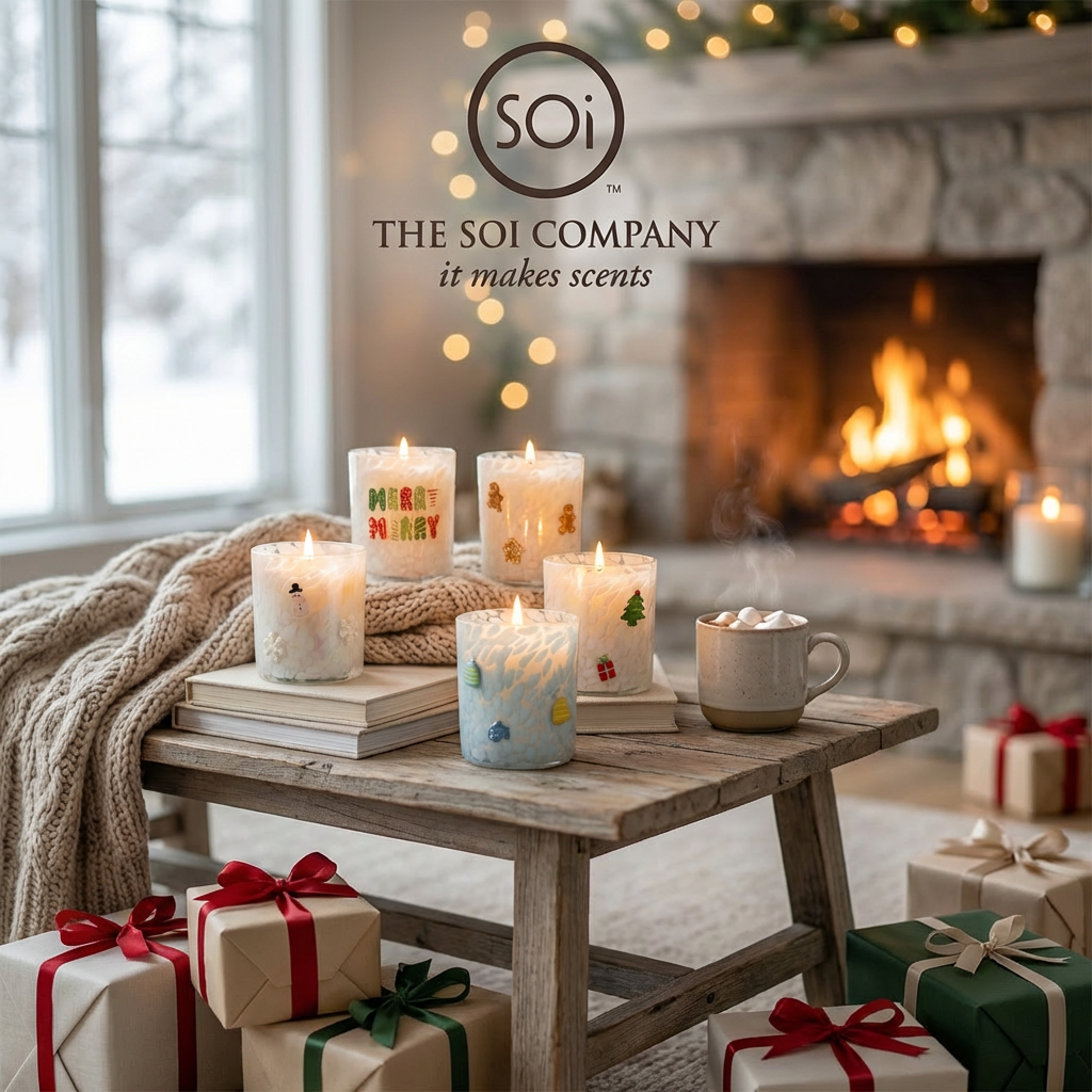 Candles and a mug on a wooden table with a fireplace and presents in the background, featuring the SOi Company logo.