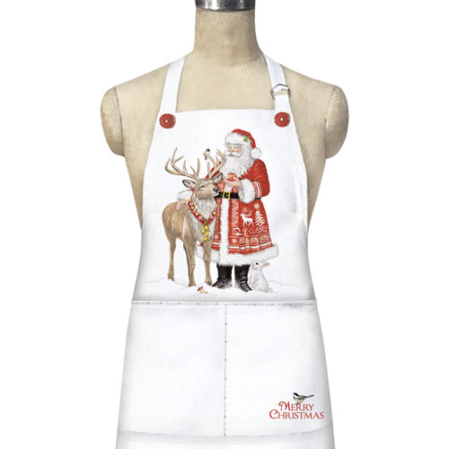 White apron with Santa Claus and reindeer design on a mannequin