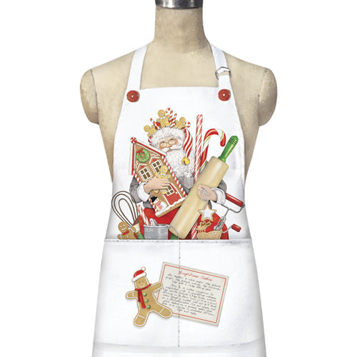 Christmas-themed apron with Santa Claus and gingerbread design on a mannequin.