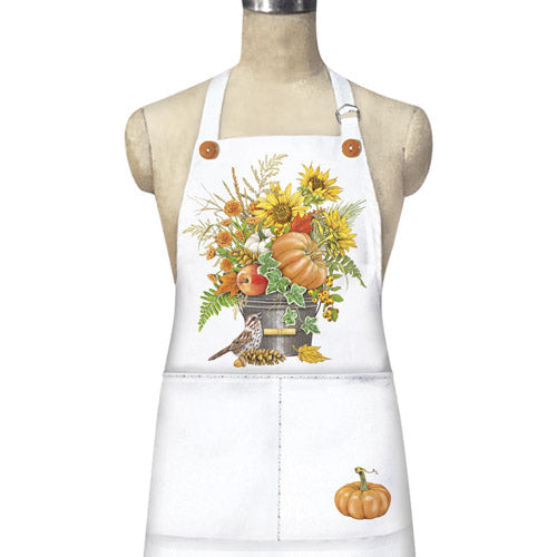 White apron with autumn-themed design featuring pumpkins, sunflowers, and a bird on a mannequin.