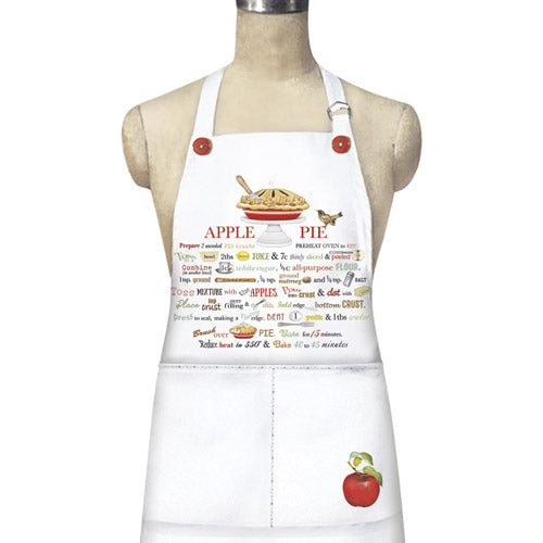 White apron with apple pie design and text on a mannequin
