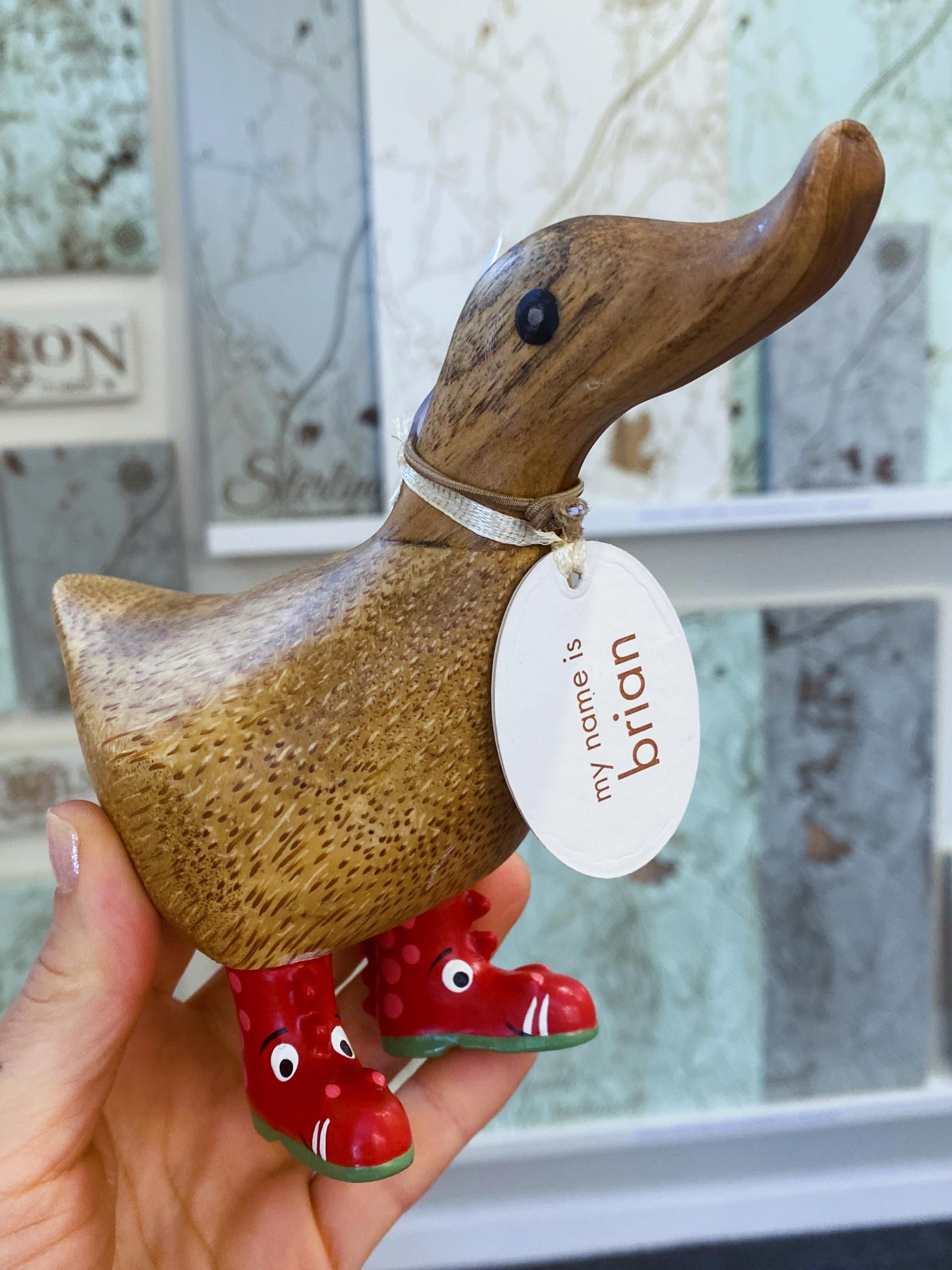 Wooden duck figurine with red shoes and a tag reading 'my name is brian' held by a hand.