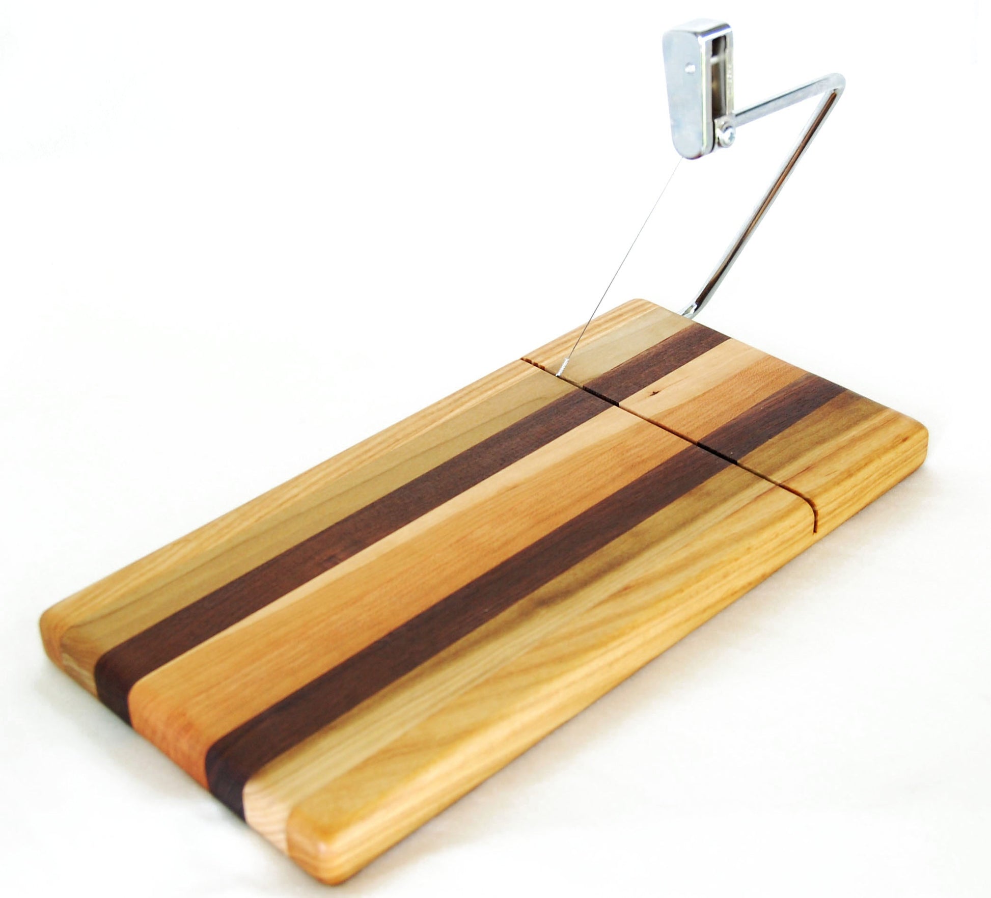 Wooden cutting board with a cheese slicing wire photographed on a white background.