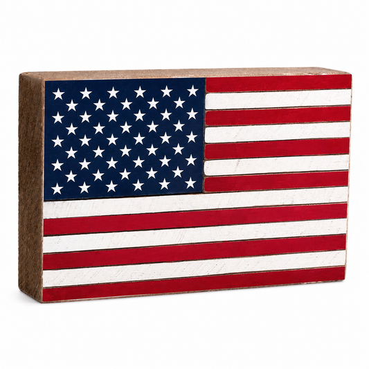 American flag design on wooden block pictured on a white background.