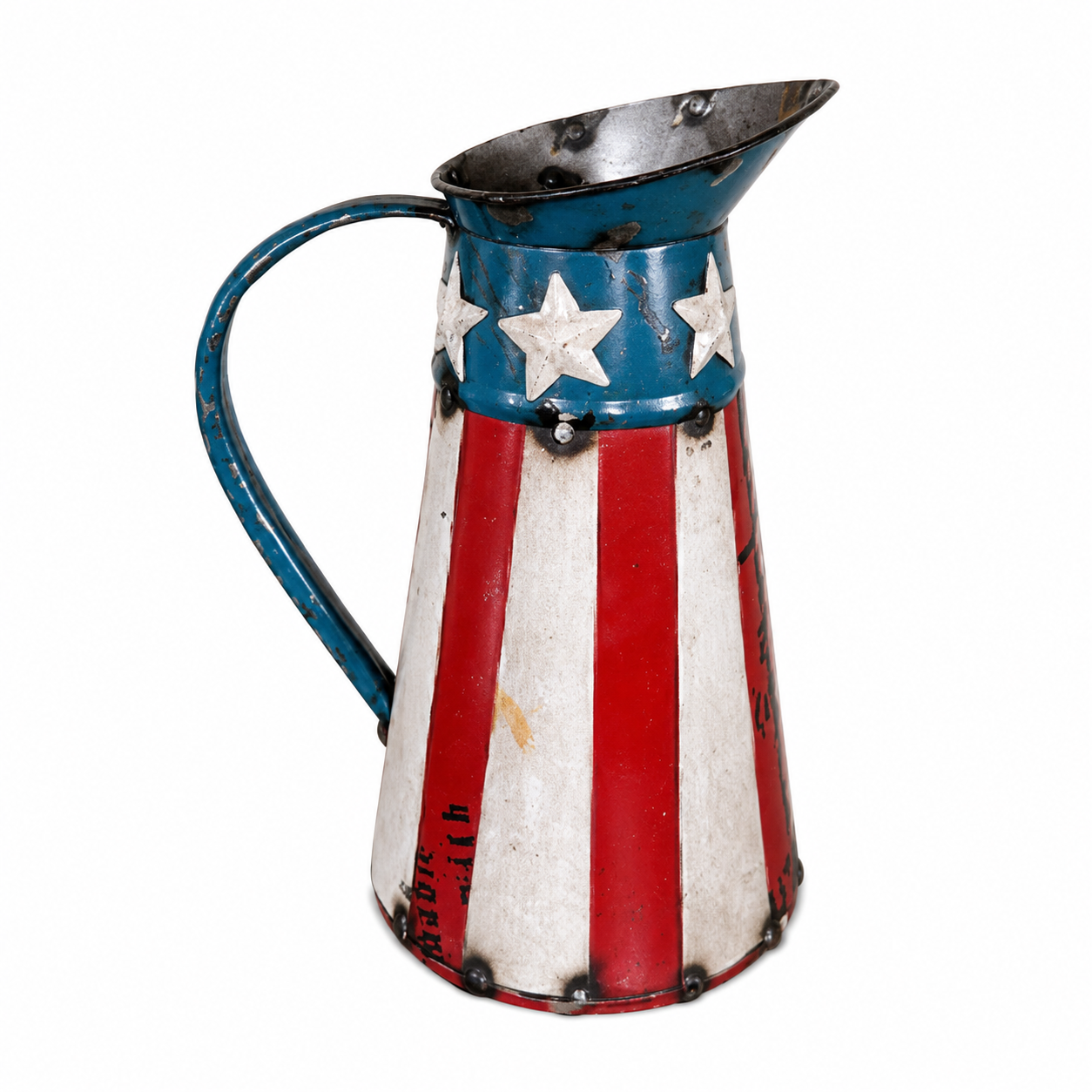 Metal pitcher with American flag design on a white background