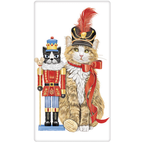 Tea towel with design of a cat in a toy soldier costume with a nutcracker on a white background
