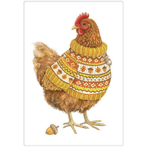 Tea towel with design of a chicken wearing a colorful sweater on a white background