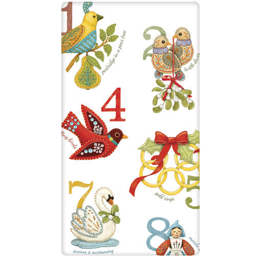 Decorative towel with colorful bird illustrations and numbers on a white background
