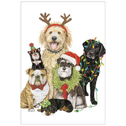 Tea towel with an illustration of dogs dressed in Christmas-themed outfits on a white background