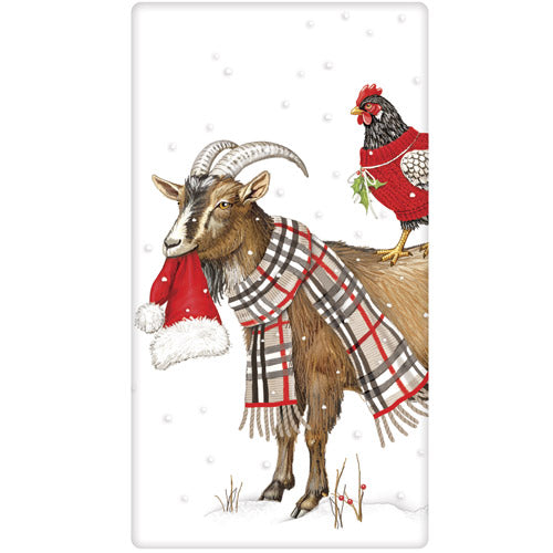 Tea towel with design of a goat wearing a red hat and plaid scarf with a chicken in the background on a snowy background