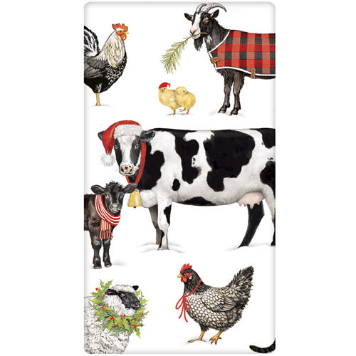 Tea towel with collage of farm animals with festive accessories on a white background