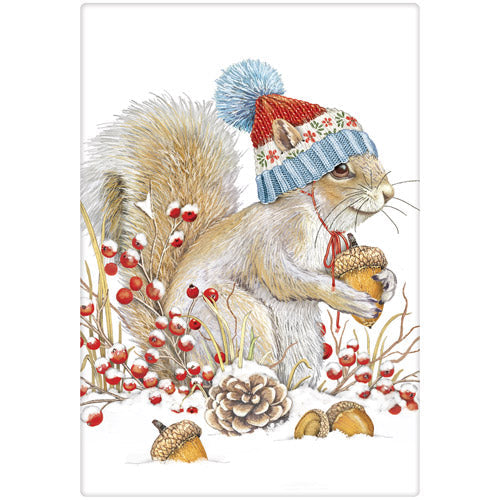 Tea towel with an illustration of a squirrel wearing a festive hat with winter elements like berries and acorns.