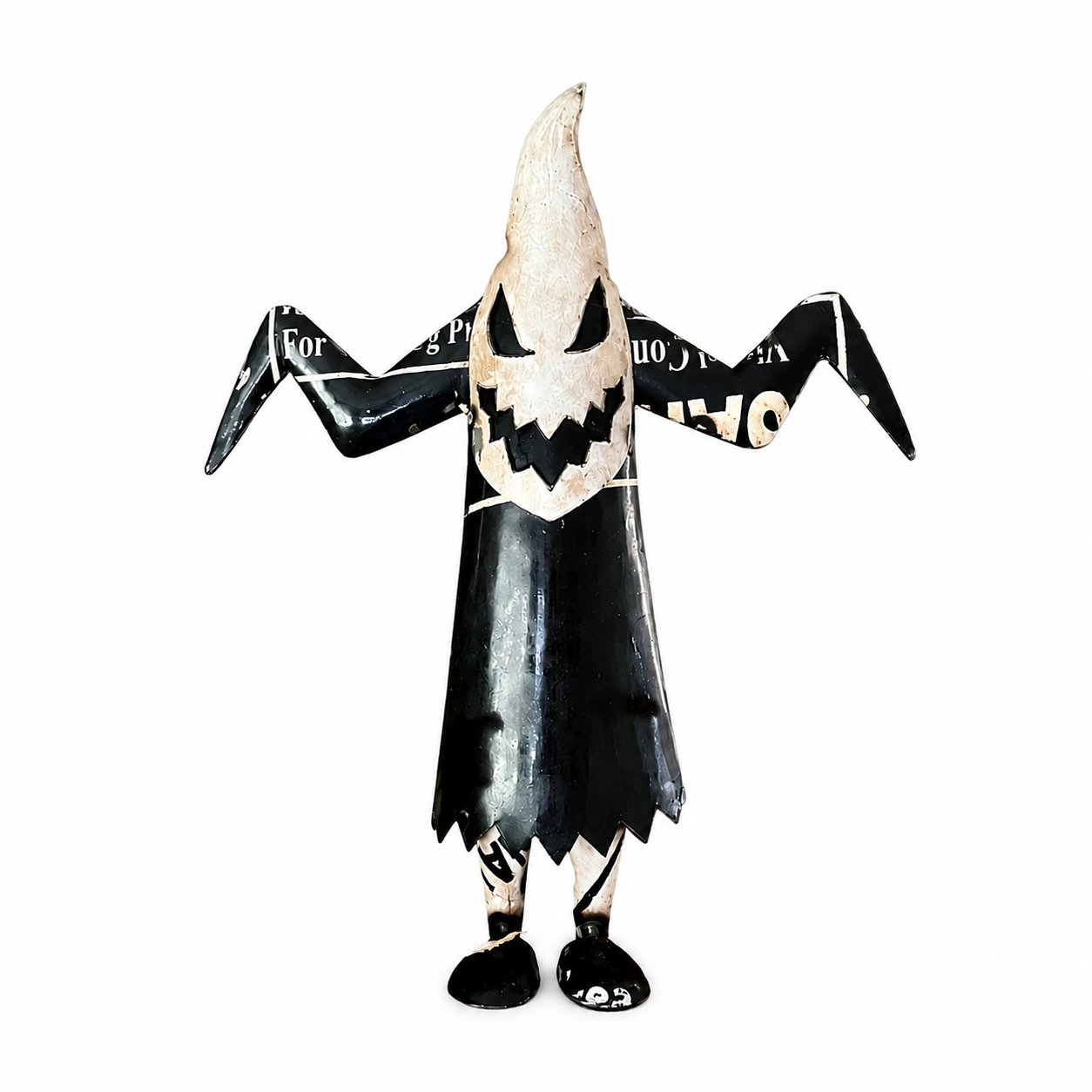 Halloween-themed scarecrow decoration with a jack-o'-lantern face on a white background