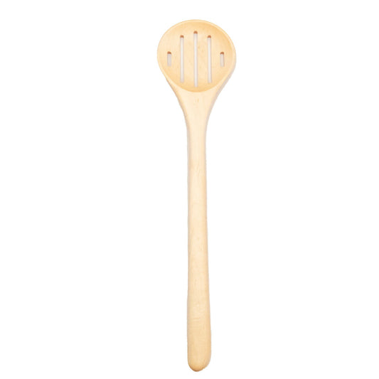 Wooden spoon with slotted end on a white background