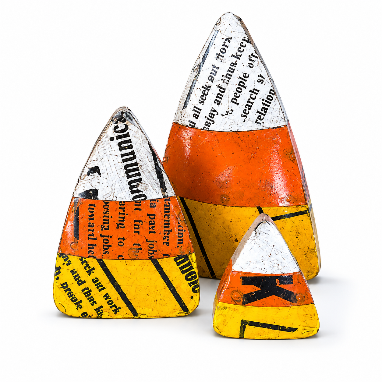 Three candy corn-shaped objects on a white background