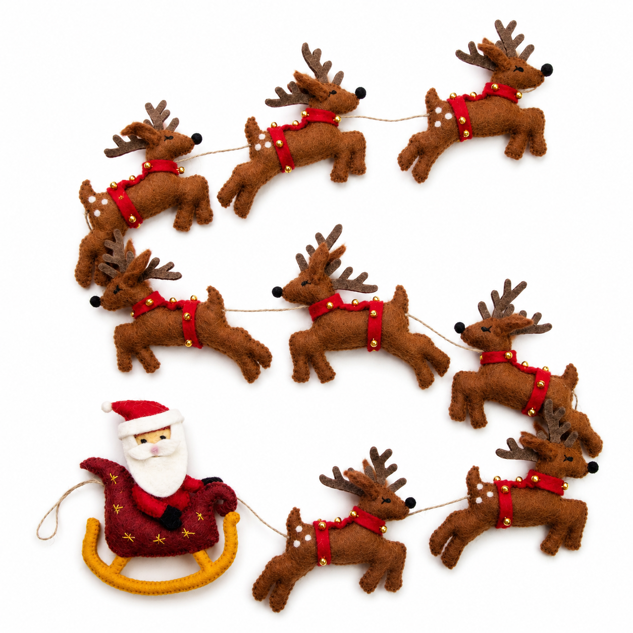 A Christmas garland featuring multiple brown felt reindeer with red harnesses and a Santa Claus figure in a red sleigh at one end, arranged on a white background.