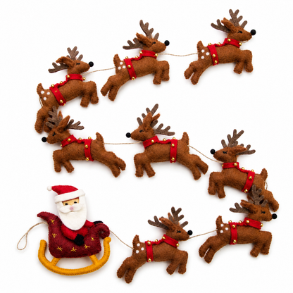 A Christmas garland featuring multiple brown felt reindeer with red harnesses and a Santa Claus figure in a red sleigh at one end, arranged on a white background.