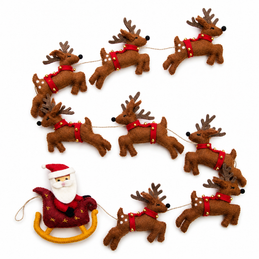 A Christmas garland featuring multiple brown felt reindeer with red harnesses and a Santa Claus figure in a red sleigh at one end, arranged on a white background.