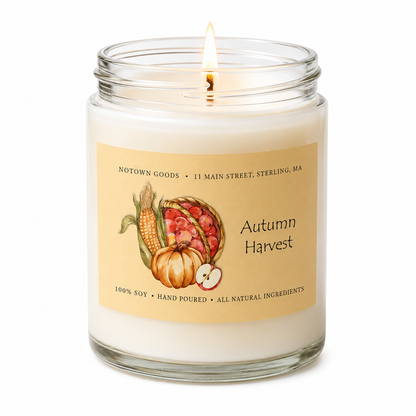 Clear jar candle with white wax and a decorative label on a white background.