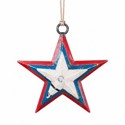 Decorative star ornament with red, white, and blue colors on a white background