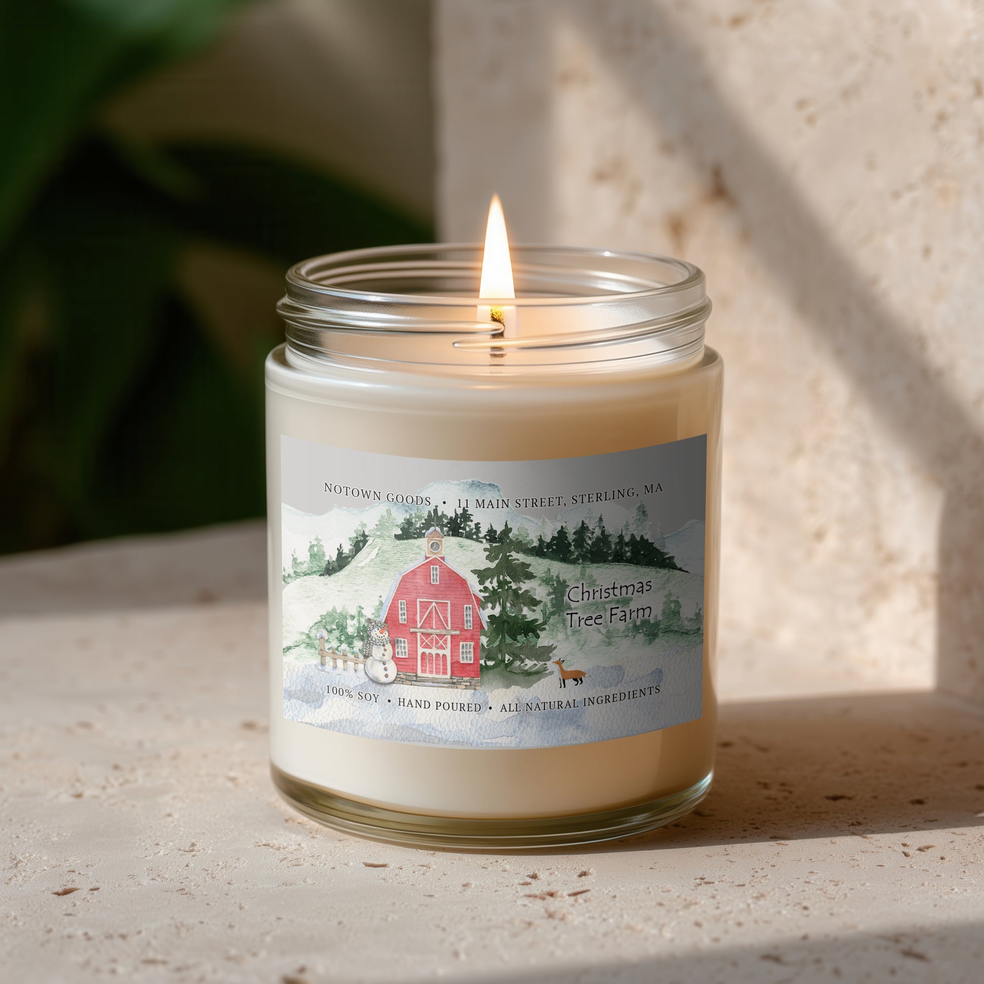 Clear jar candle with white wax and a decorative label on a blurred outdoor background.