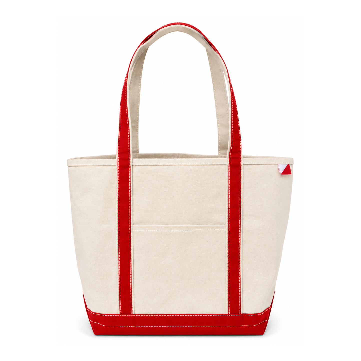 Beige tote bag with red accents on a white background