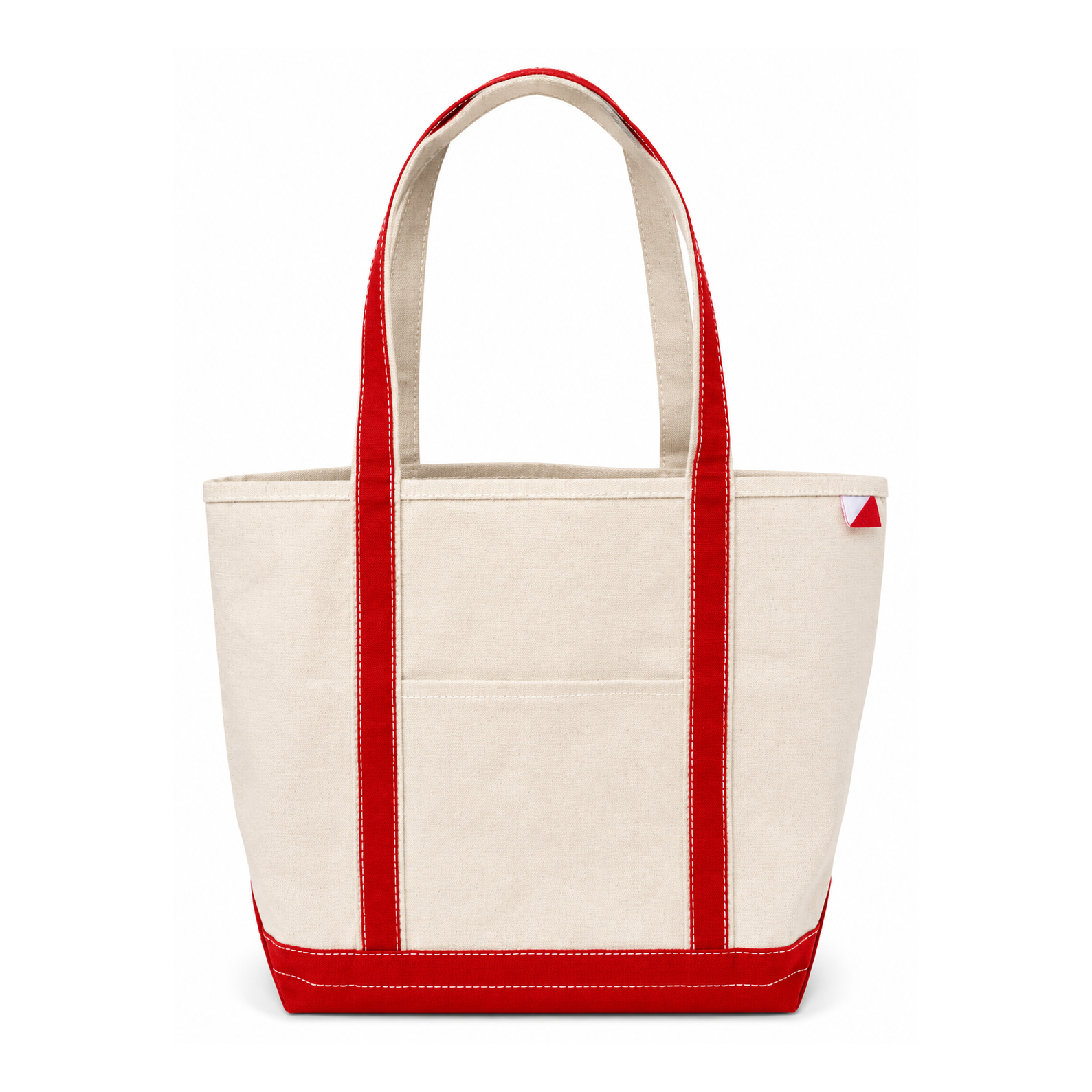 Beige tote bag with red accents on a white background