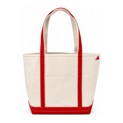 Beige tote bag with red accents on a white background