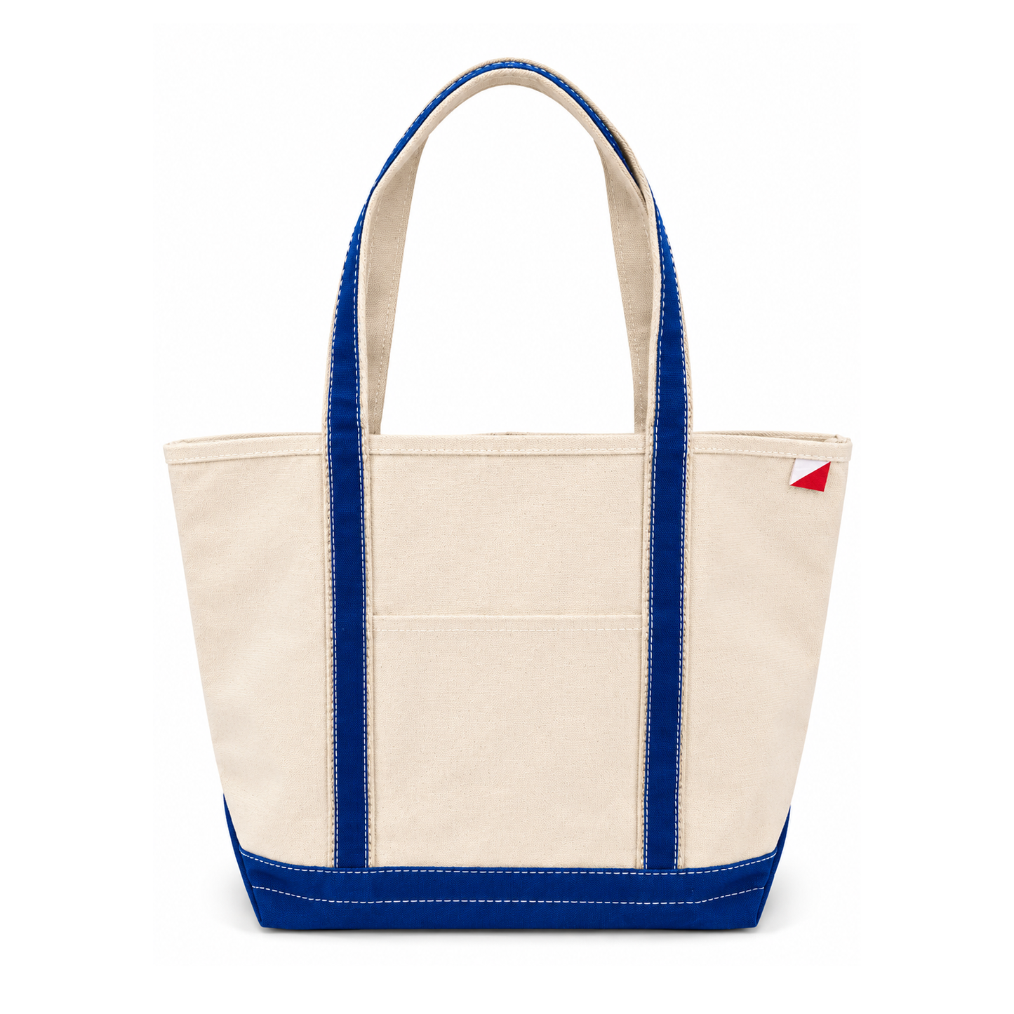 Beige tote bag with blue accents on a white background