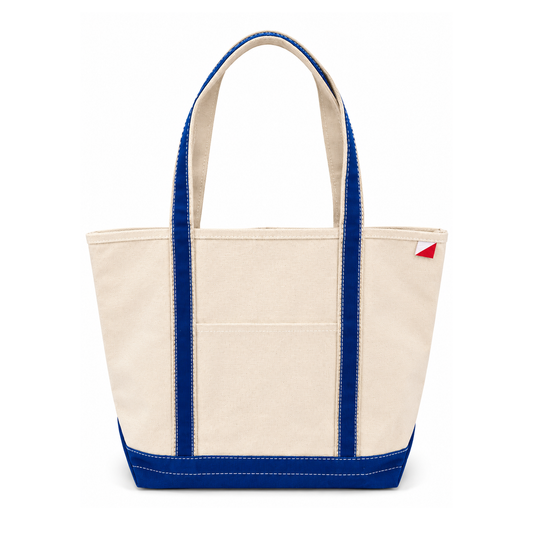 Beige tote bag with blue accents on a white background