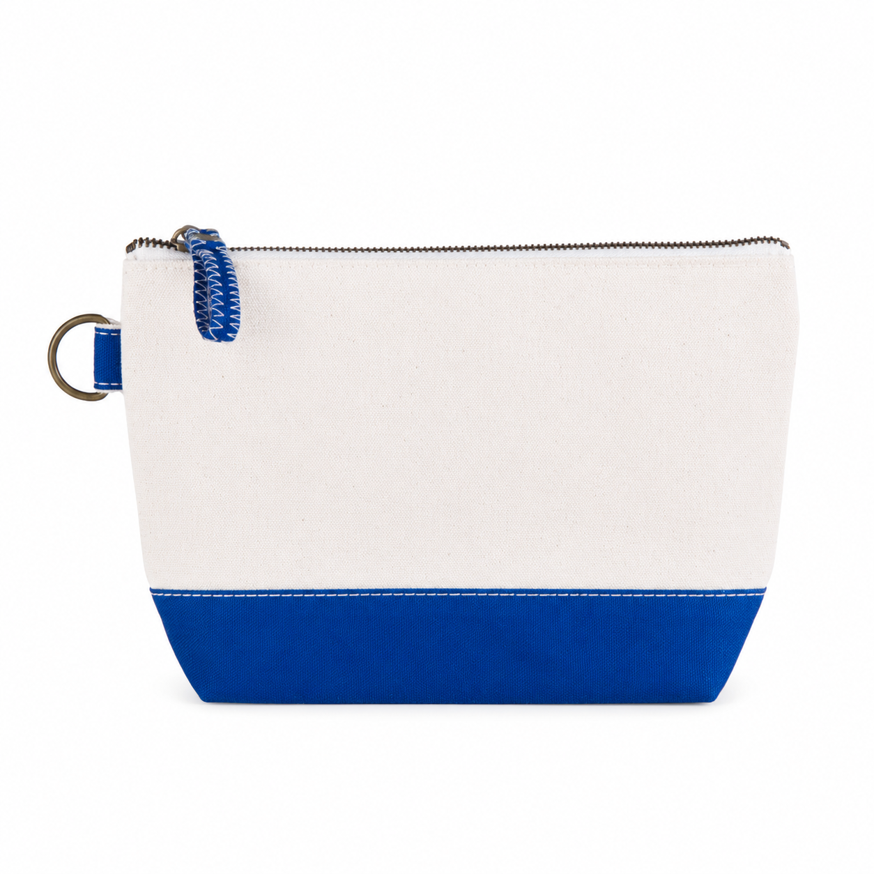White pouch with blue bottom section and zipper on a white background
