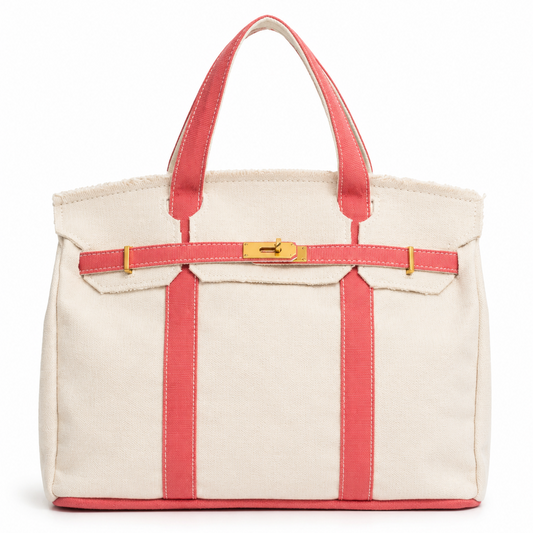 Beige tote bag with pink accents on a white background
