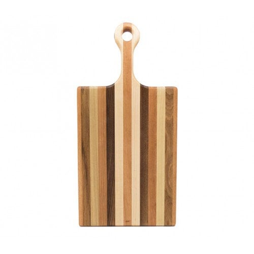 Wooden cutting board with striped pattern and handle on a white background